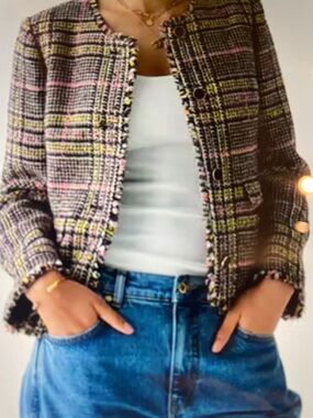 Kate Spade Madison Tweed Plaid Jacket with Pink & Yellow Accents NWT